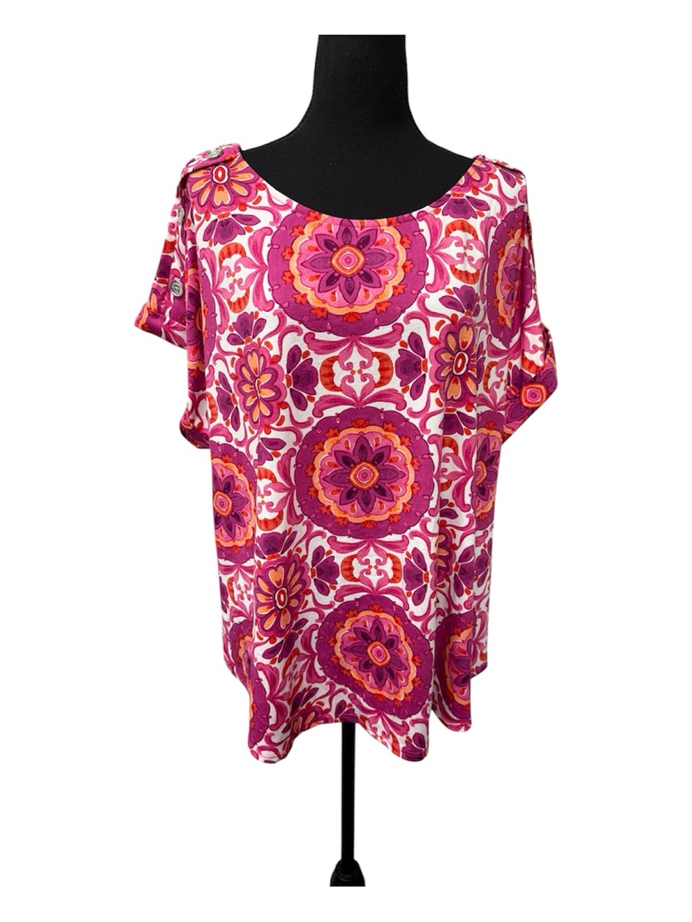 Cocomo Woman 2X Pink Purple Mod Floral Button Sleeve Stretch Boho Blouse